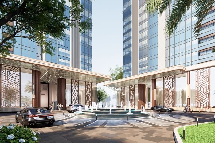 Arrival court and porte-cochere at Trump Towers Hyderabad, Kokapet, with fountain and double-height entrance lobby