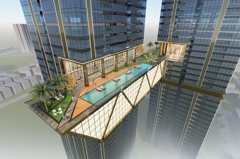 The Trump Club sky bridge at Trump Towers Hyderabad, with an infinity-edge pool and landscaped terrace suspended between the two towers